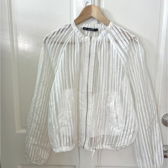 Zara Basic Women White Sheer Striped Jacket - Picture 3 of 11